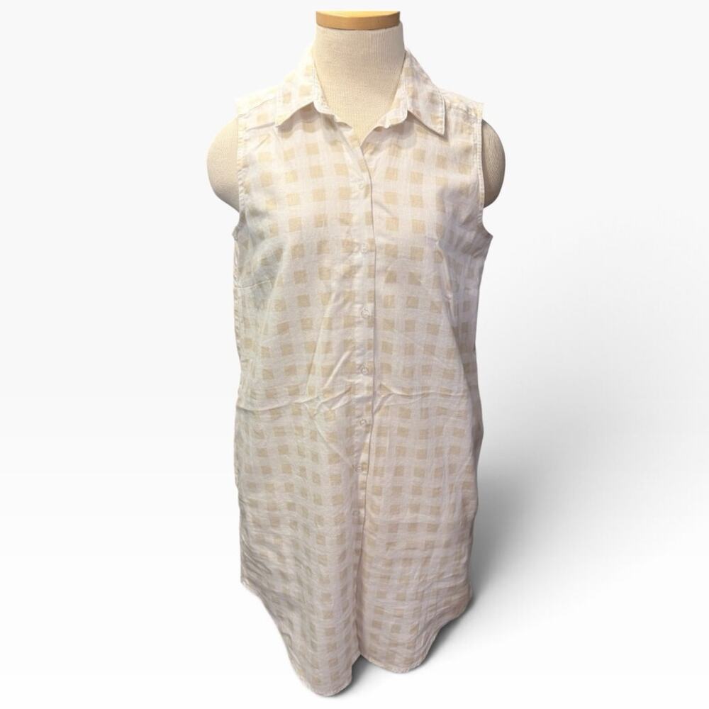 Saks Fifth Avenue Linen Blend Sleeveless Shirt Dress M Beige White Gingham Check